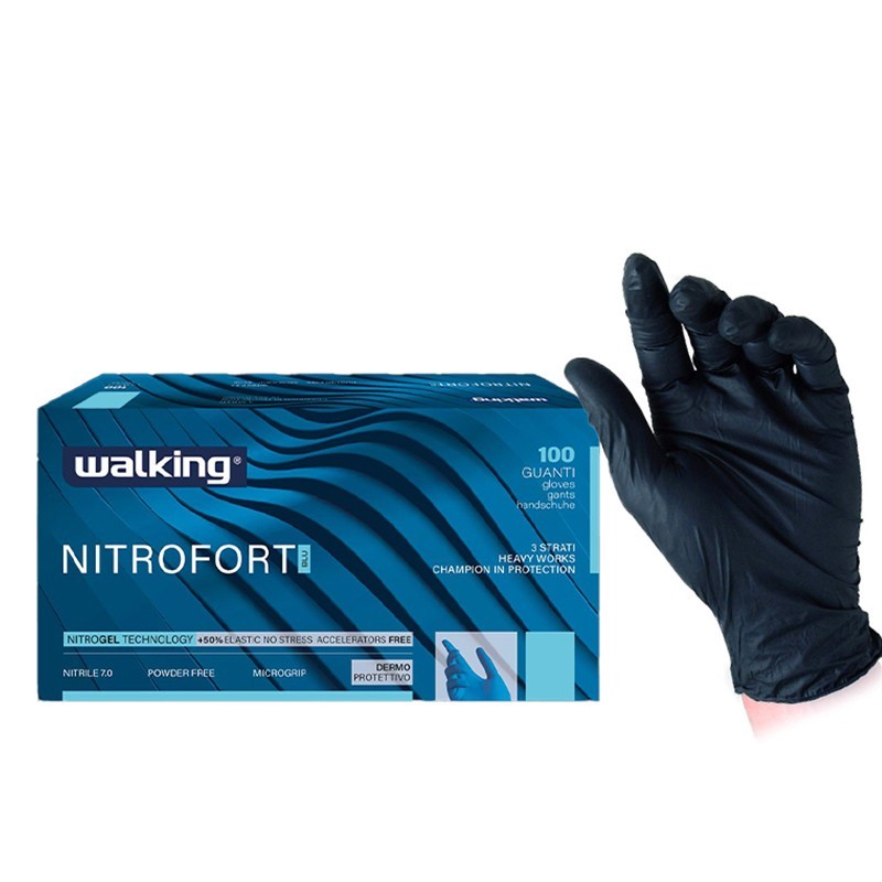 Guanti Monouso Walking Nitrofort in Nitrile Blu 7,2 Gr – Senza Polvere, Extra-Resistenti, Taglie S–XL