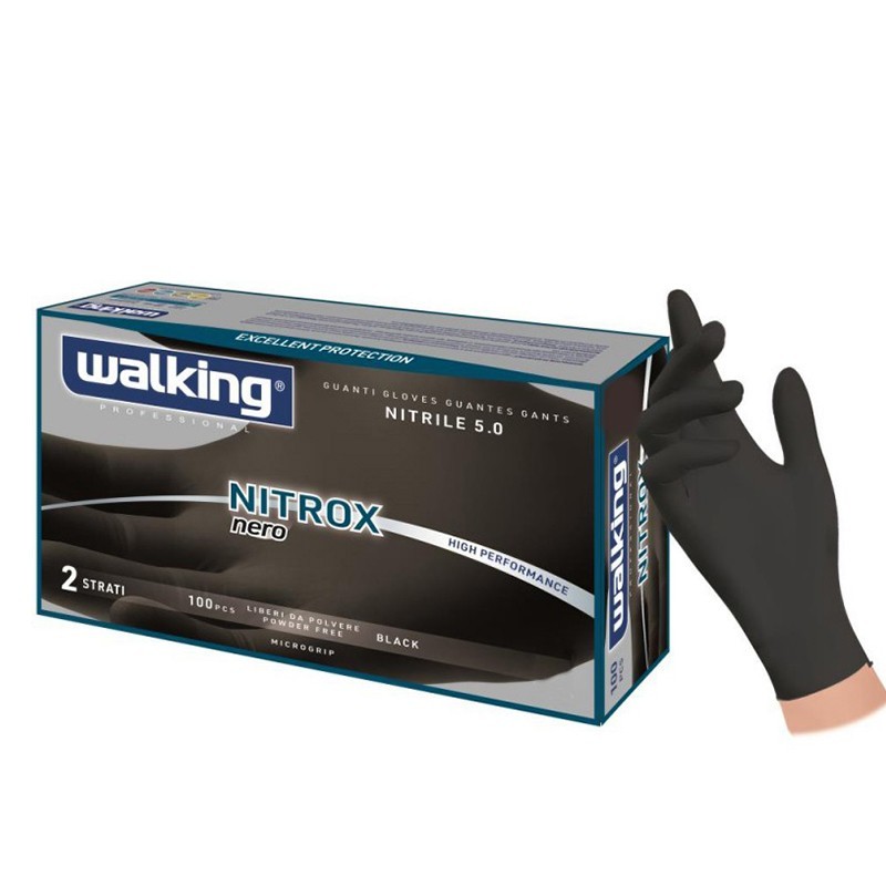 Guanti Monouso Walking Nitrox in Nitrile Nero 5,0 Gr  Senza Polvere, Latex Free, Taglie S–XL