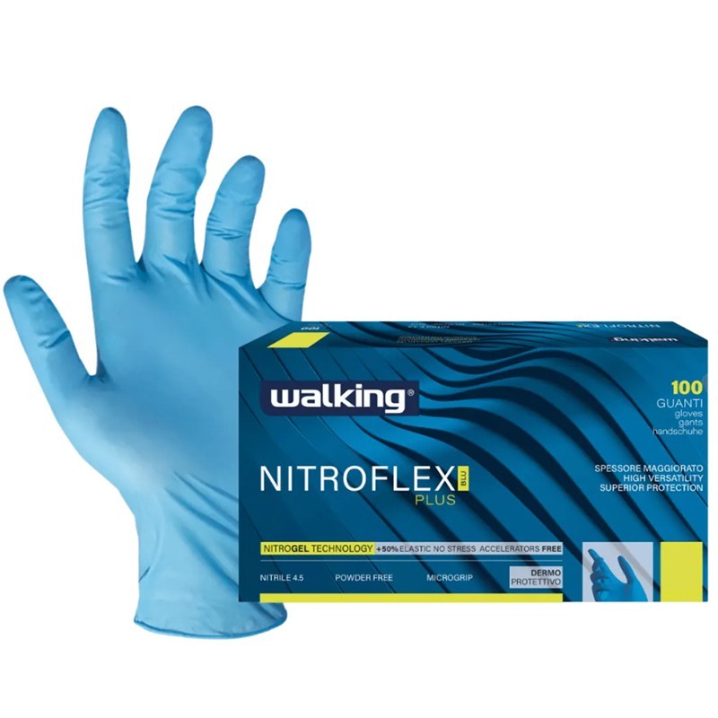 Guanti Monouso Walking Nitroflex Plus in Nitrile Blu 4,5 Gr – Senza Polvere, Latex Free, Taglie S–XL Guanti Monouso Walking Nitroflex Plus in Nitrile Blu 4,5 Gr – Senza Polvere, Latex Free, Taglie S–XL