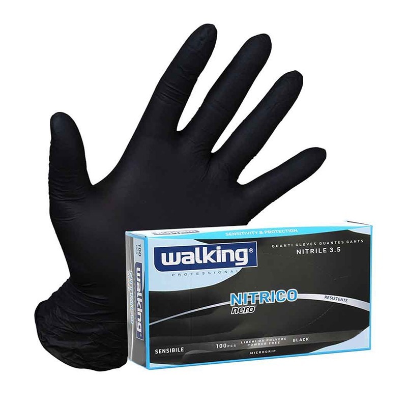 Guanti Monouso Walking Nitrico in Nitrile Nero 3,5 Gr – Senza Polvere, Latex Free, Taglie S–XL