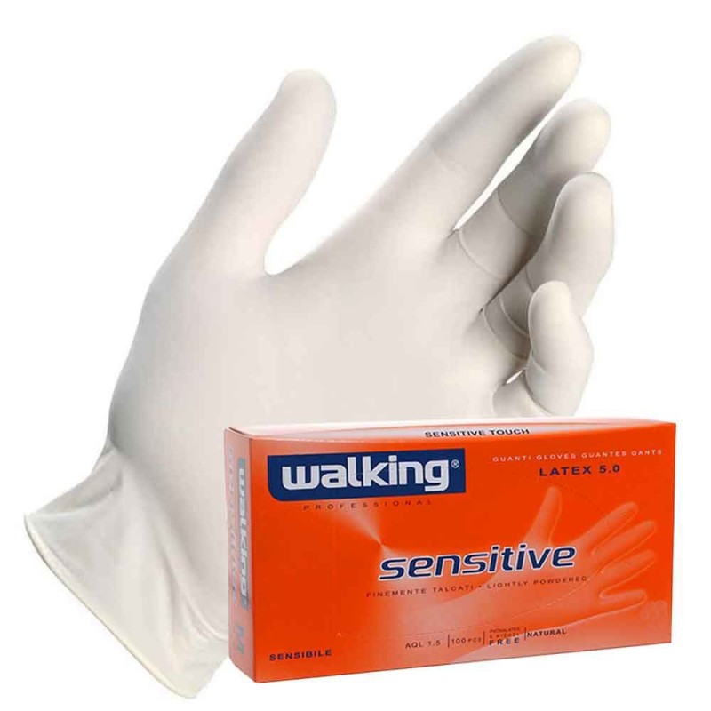 Guanti Monouso Walking Sensitive in Lattice Bianco con Polvere 5,0 Gr – Alta Sensibilità, Taglie S–XL Guanti Monouso Walking Sensitive in Lattice Bianco con Polvere 5,0 Gr – Alta Sensibilità, Taglie S–XL
