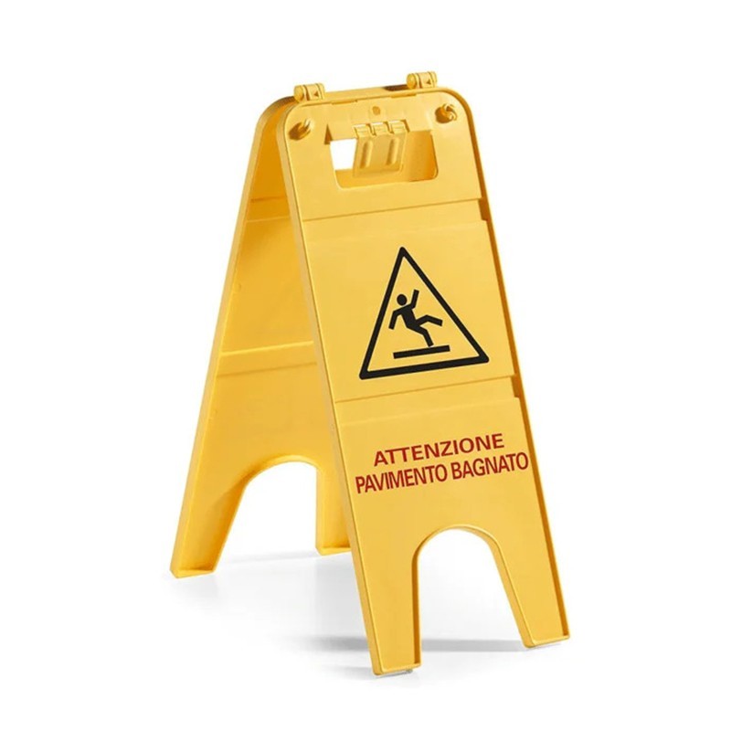 Pannello Segnalatore “Pavimento Bagnato” in Plastica Gialla – Doppia Faccia e Pieghevole