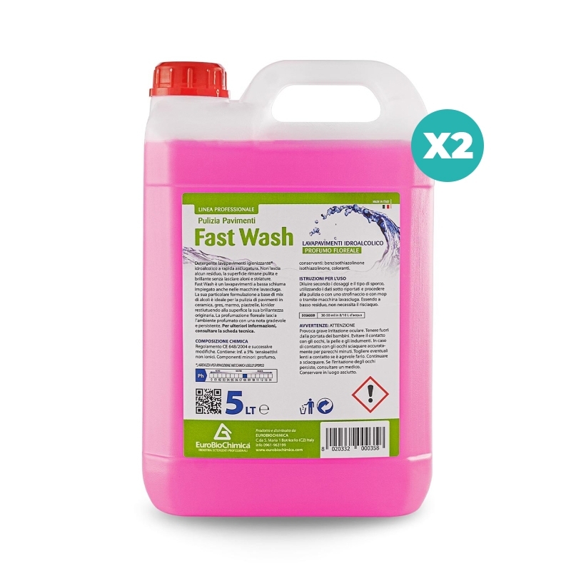 FastWash – Detergente Lavapavimenti Igienizzante IdroAlcolico Rapida Asciugatura 5 LT - CT DA 2 PZ