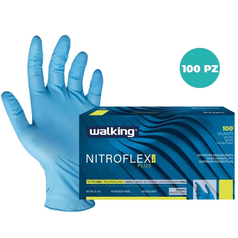 Guanti Monouso Walking Nitroflex Plus in Nitrile Blu 4,5 Gr - CF da 100 Pz – Senza Polvere, Latex Free, Taglie S–XL