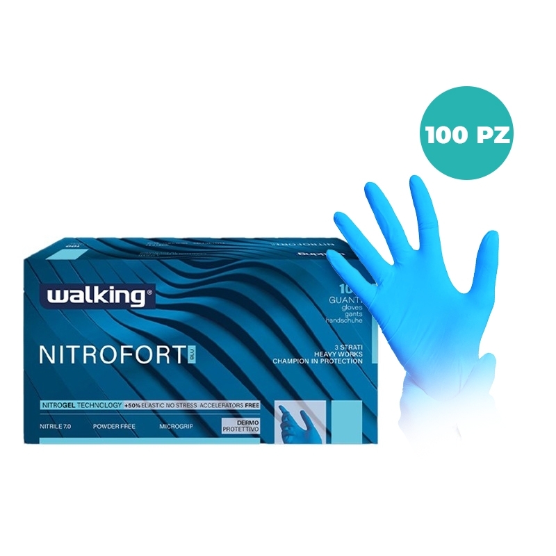 Guanti Monouso Walking Nitrofort in Nitrile Blu 7,2 Gr – CF Da 100 Pz -Senza Polvere, Extra-Resistenti, Taglie S–XL