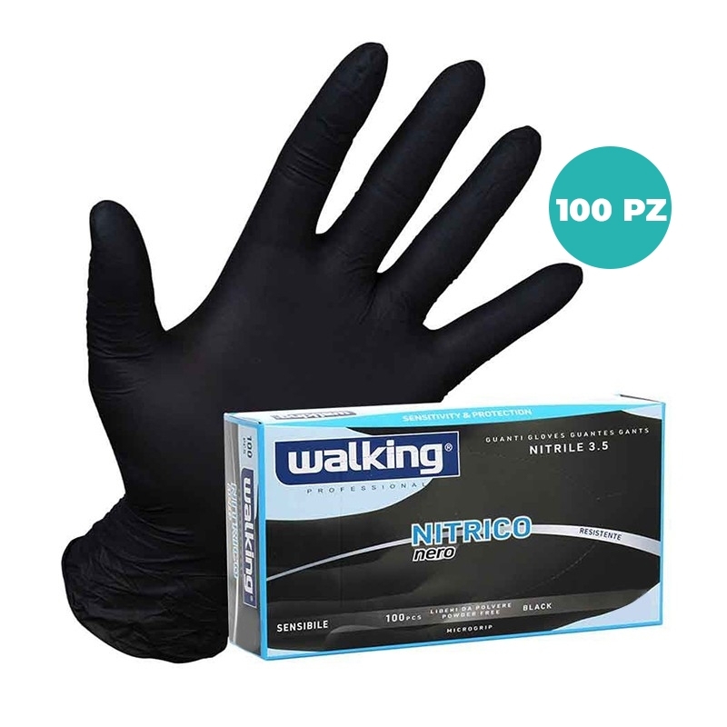 Guanti Monouso Walking Nitrico in Nitrile Nero 3,5 Gr – CF Da 100 Pz - Senza Polvere, Latex Free, Taglie S–XL Guanti Monouso Walking Nitrico in Nitrile Nero 3,5 Gr – CF Da 100 Pz - Senza Polvere, Latex Free, Taglie S–XL