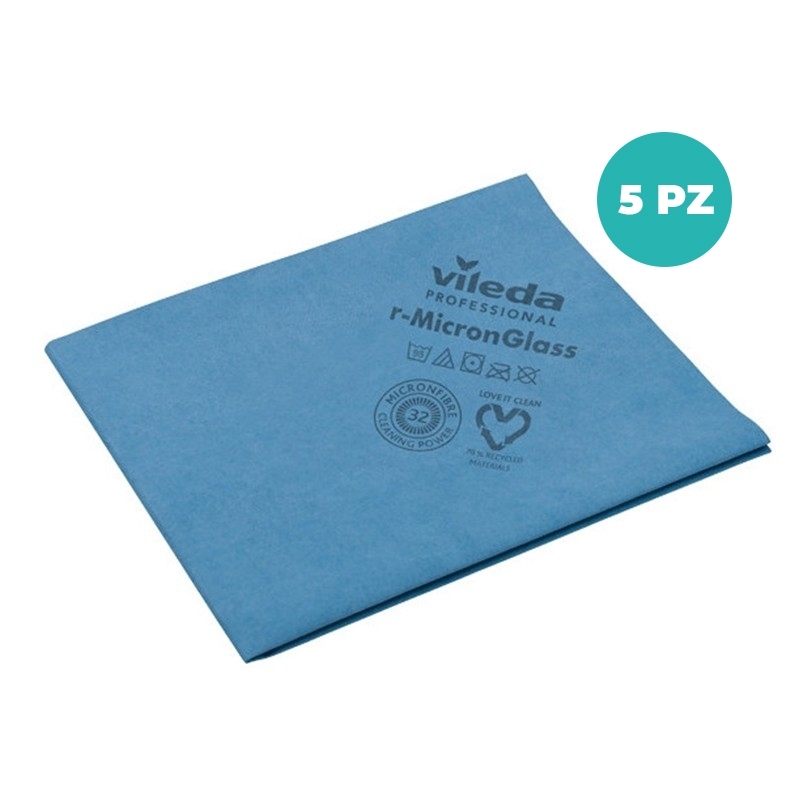 Panno MicronGlass per Vetri  Vileda –  in Microfibra Riciclata ad Alte Prestazioni, Ecologico - Cf da 5 pezzi