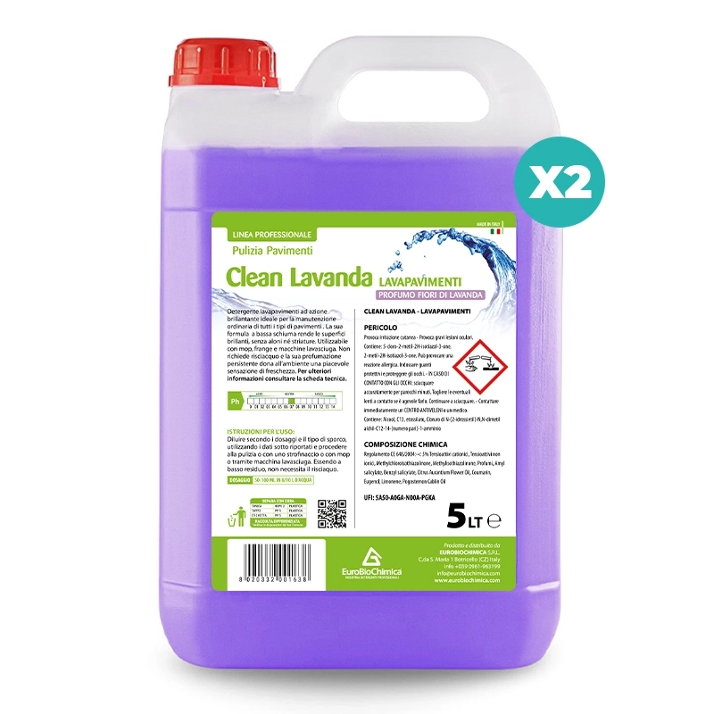 Clean Lavanda - Detergente Lavapavimenti Ad Azione Brillantante Profumato alla Lavanda - 5 LT - CT DA 2 PZ